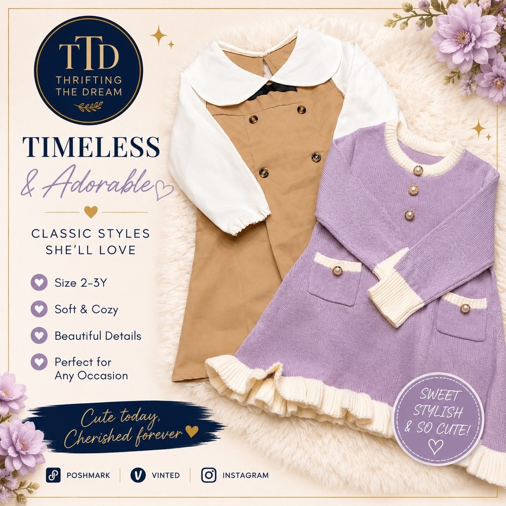 Toddler Girls Dress Bundle 2-3Y Tan Peter Pan Collar & Lavender Knit Ruffle 2pc‎